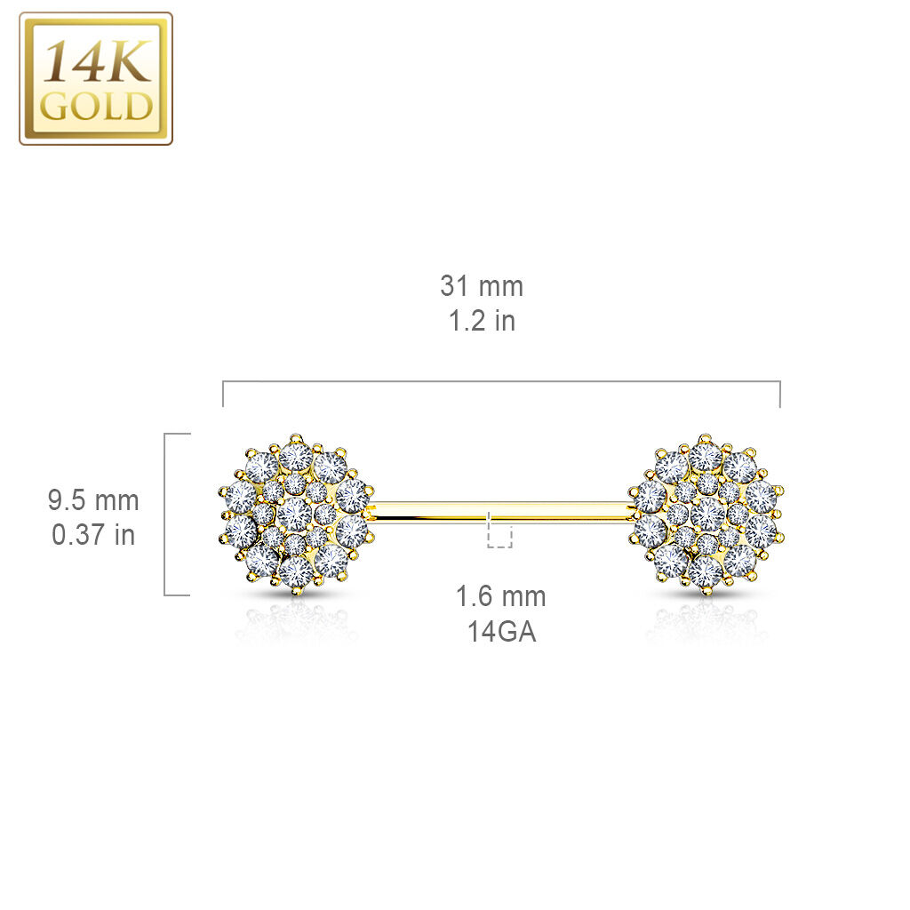 14 Karat Solid Gold Nipple Ring Barbell 14 Gauge 12 mm CZ - Pair - Kruelty - Photo 5
