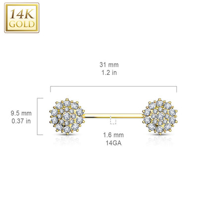 14 Karat Solid Gold Nipple Ring Barbell 14 Gauge 12 MM & CZ Flower