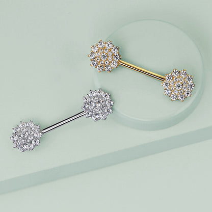 14 Karat Solid Gold Nipple Ring Barbell 14 Gauge 12 MM & CZ Flower