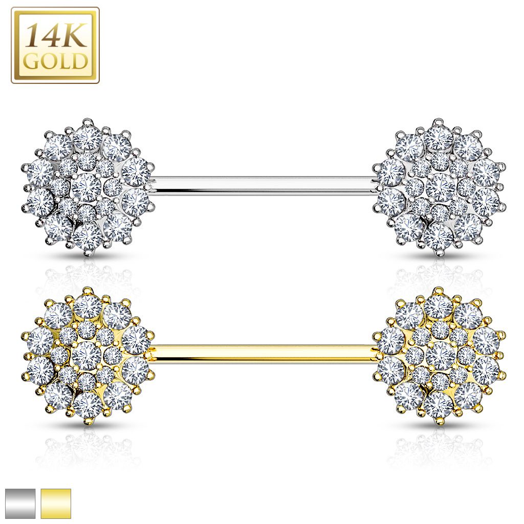 14 Karat Solid Gold Nipple Ring Barbell 14 Gauge 12 mm CZ - Pair - Kruelty