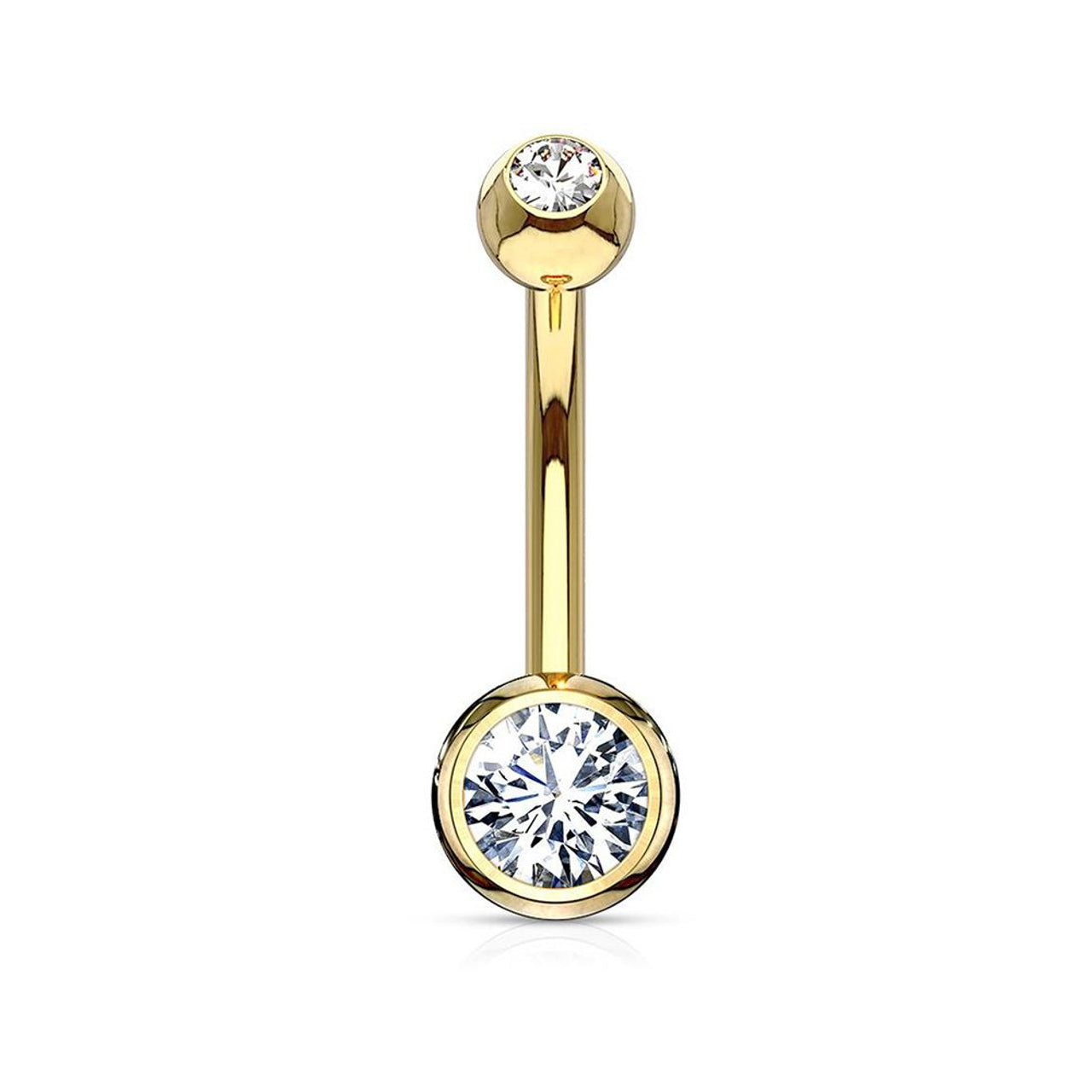 14 Karat Solid Gold Belly Ring 14 Gauge & Double CZ Gems