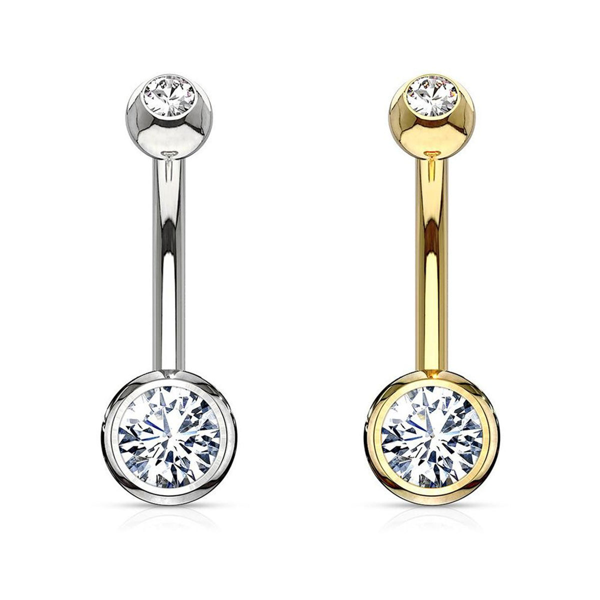 14 Karat Solid Gold Belly Ring 14 Gauge & Double CZ Gems - Kruelty