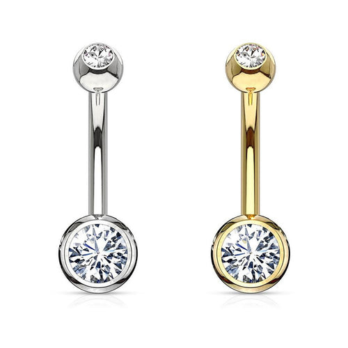 14 Karat Solid Gold Belly Ring 14 Gauge & Double CZ Gems - Kruelty