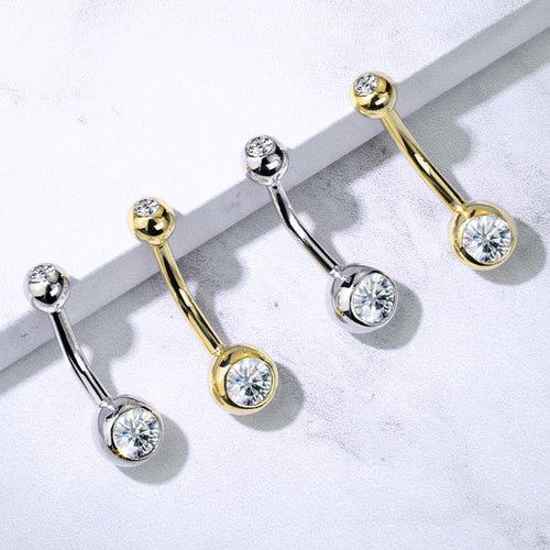 14 Karat Solid Gold Belly Ring 14 Gauge & Double CZ Gems - Kruelty - Photo 2