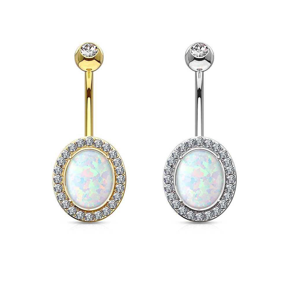 14K Solid Gold 14 Gauge Belly Ring with Oval Opal & Clear CZ Frame