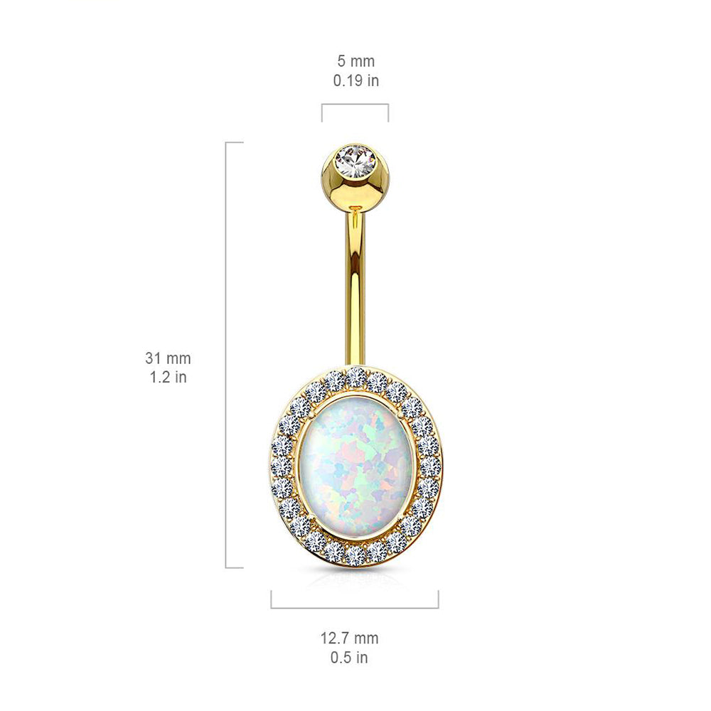14K Solid Gold 14 Gauge Belly Ring with Oval Opal & Clear CZ Frame - photo 2