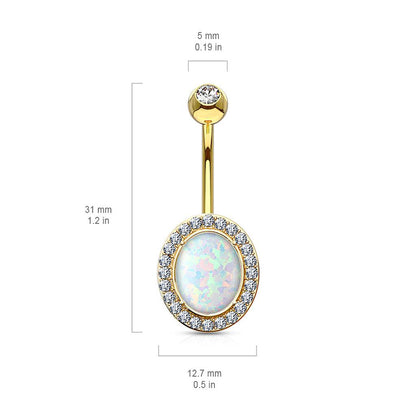 14K Solid Gold 14 Gauge Belly Ring with Oval Opal & Clear CZ Frame - photo 2