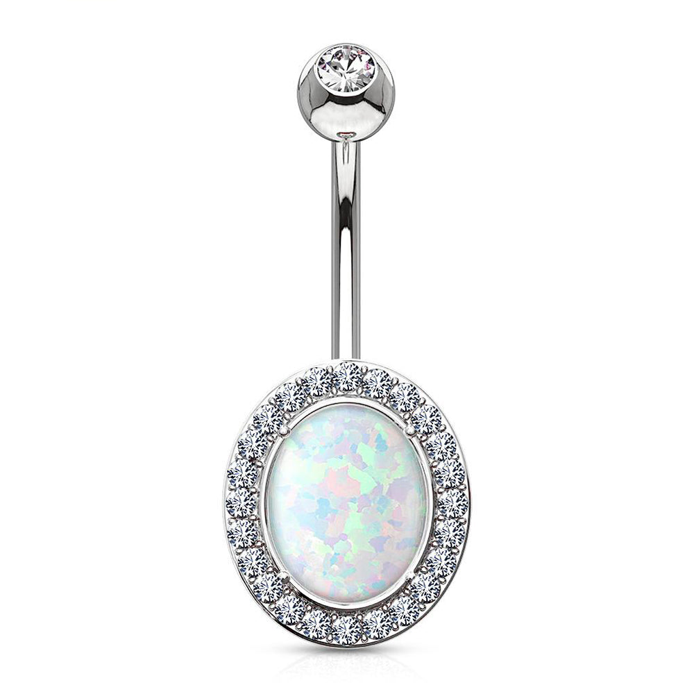 14K Solid Gold 14 Gauge Belly Ring with Oval Opal & Clear CZ Frame - photo 3