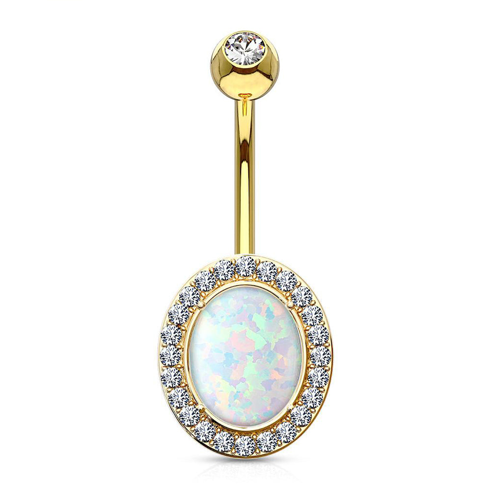 14K Solid Gold 14 Gauge Belly Ring with Oval Opal & Clear CZ Frame - photo 4