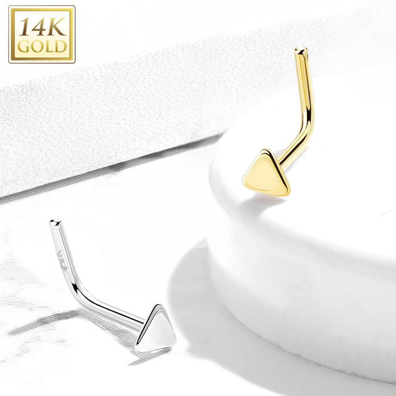 14 Karat Solid Gold Nose Ring Stud 20 Gauge 1/4" L Bend & Triangle Top