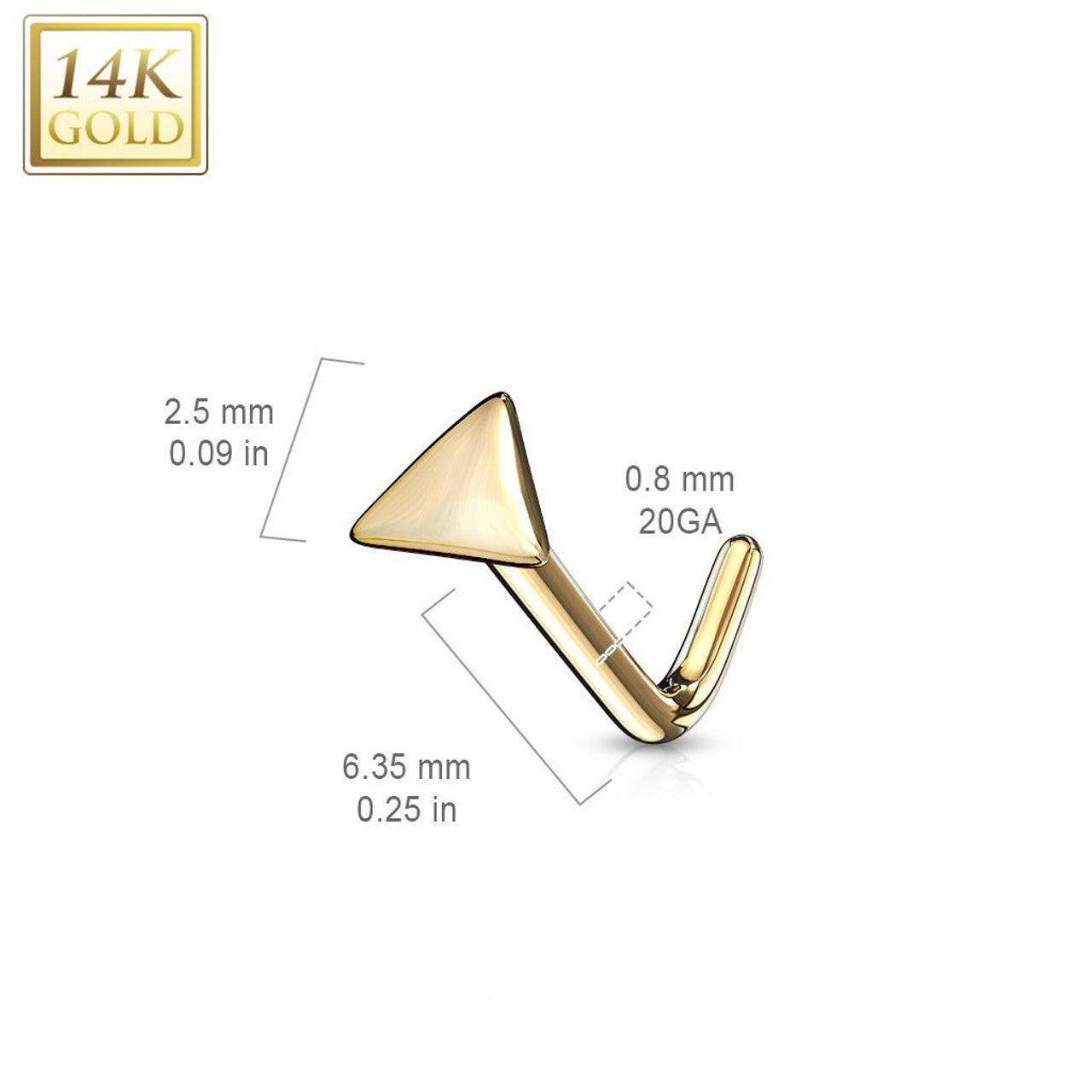 14 Karat Solid Gold Nose Ring Stud 20 Gauge 1/4" L Bend & Triangle Top