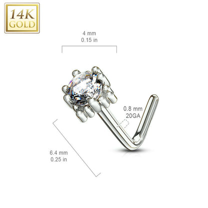 14 Karat White Gold Nose Ring Stud 20 Gauge L Bend CZ Four Point Star