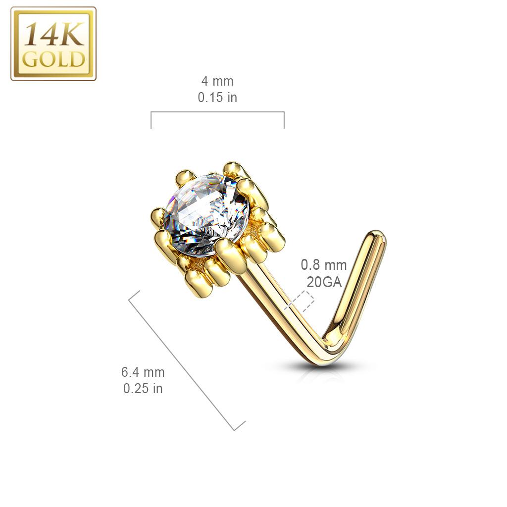 14K Solid Gold 20 Gauge L Bend Nose Ring with Four Point Star CZ - photo 5