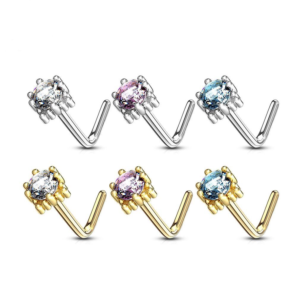 14K Solid Gold 20 Gauge L Bend Nose Ring with Four Point Star CZ