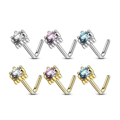 14K Solid Gold 20 Gauge L Bend Nose Ring with Four Point Star CZ