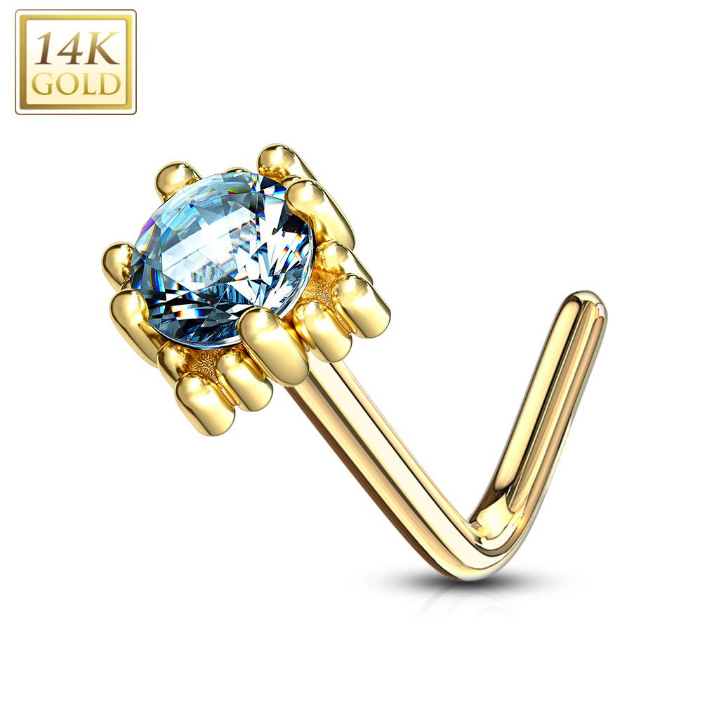 14K Solid Gold 20 Gauge L Bend Nose Ring with Four Point Star CZ - photo 2