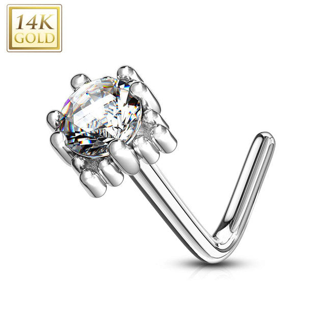 14 Karat White Gold Nose Ring Stud 20 Gauge L Bend CZ Four Point Star