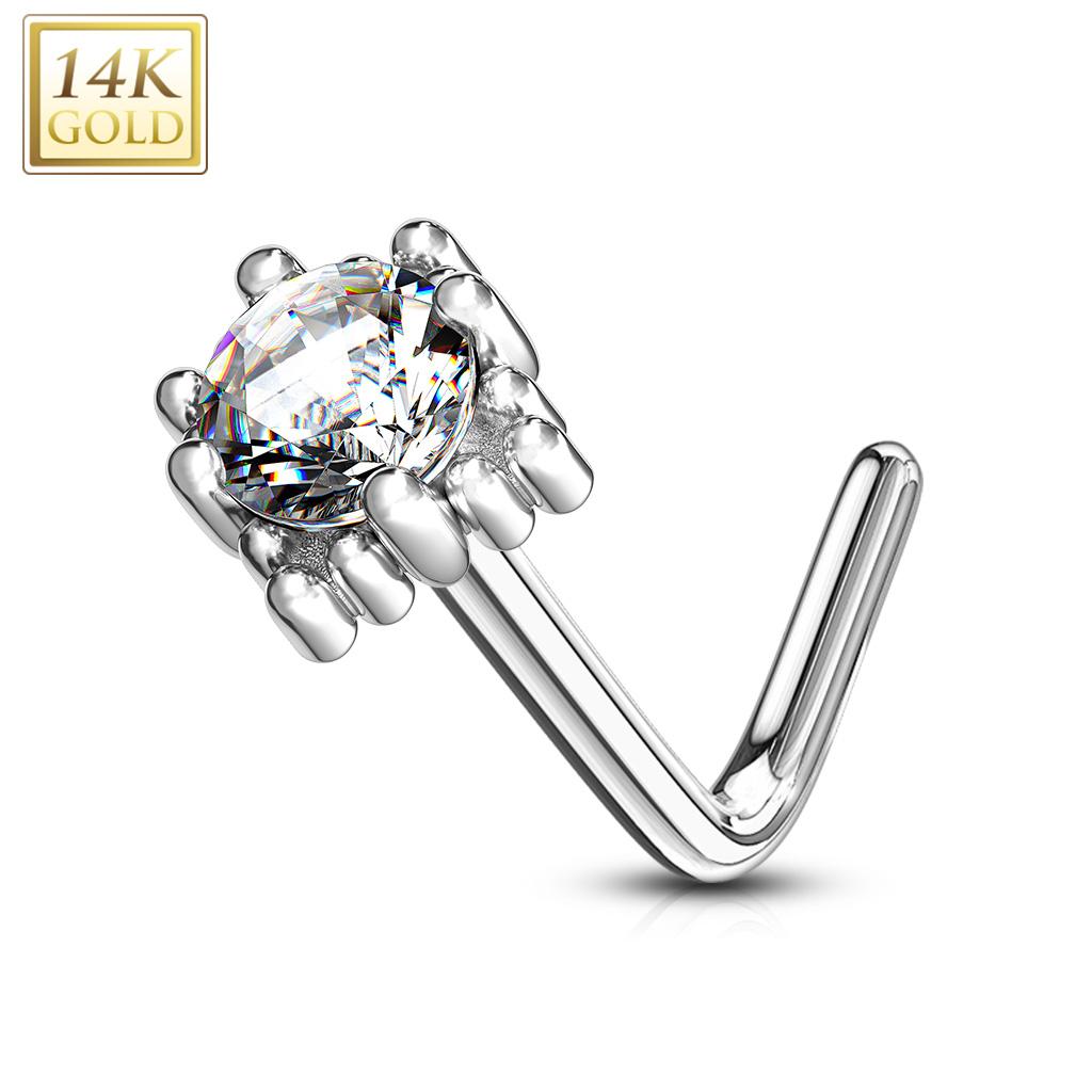 14K Solid Gold 20 Gauge L Bend Nose Ring with Four Point Star CZ - photo 3