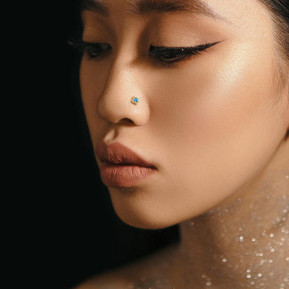 14K Solid Gold 20 Gauge L Bend Nose Ring with Four Point Star CZ - photo 4