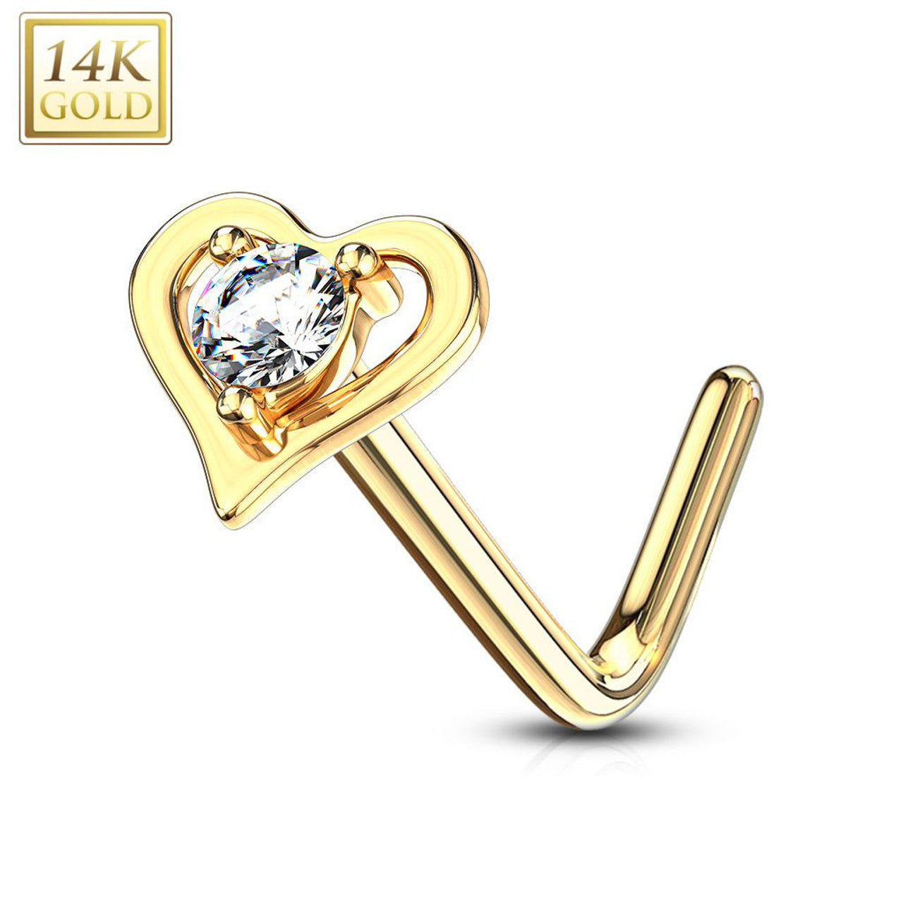 14 Karat Gold Nose Ring Stud 20 Gauge 1/4" L Bend & Center Gem Heart