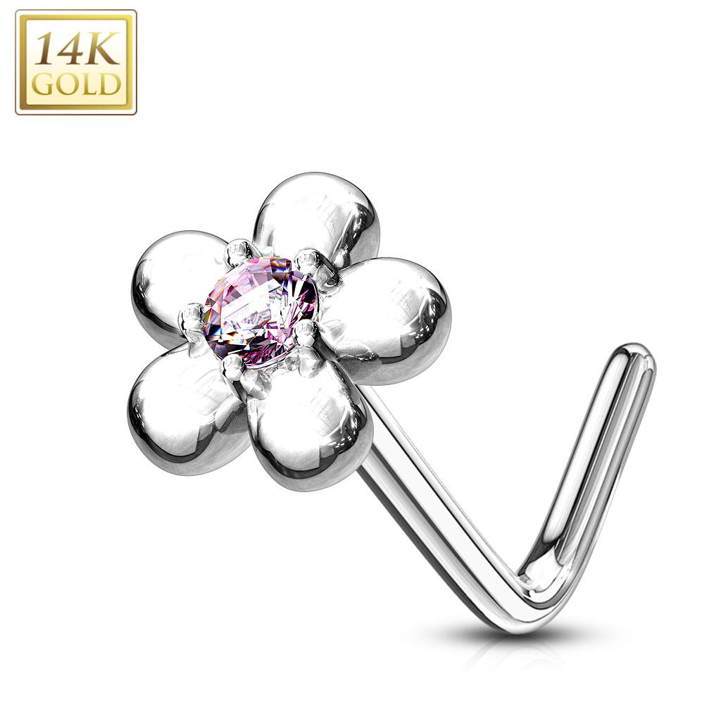 14K Solid Gold 20 Gauge L Bend Nose Ring with Five Petal Flower CZ - photo 5