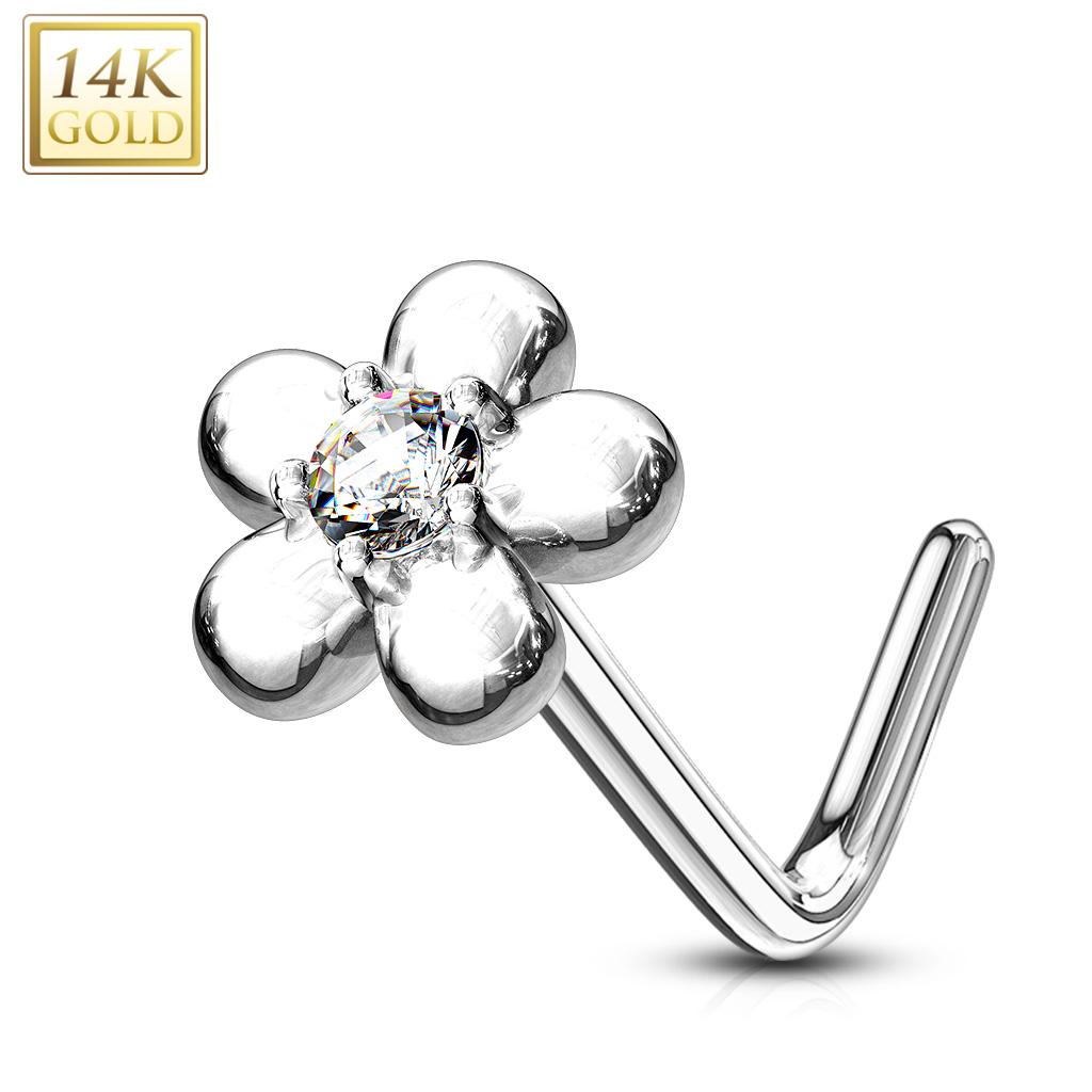 14K Solid Gold 20 Gauge L Bend Nose Ring with Five Petal Flower CZ - photo 6