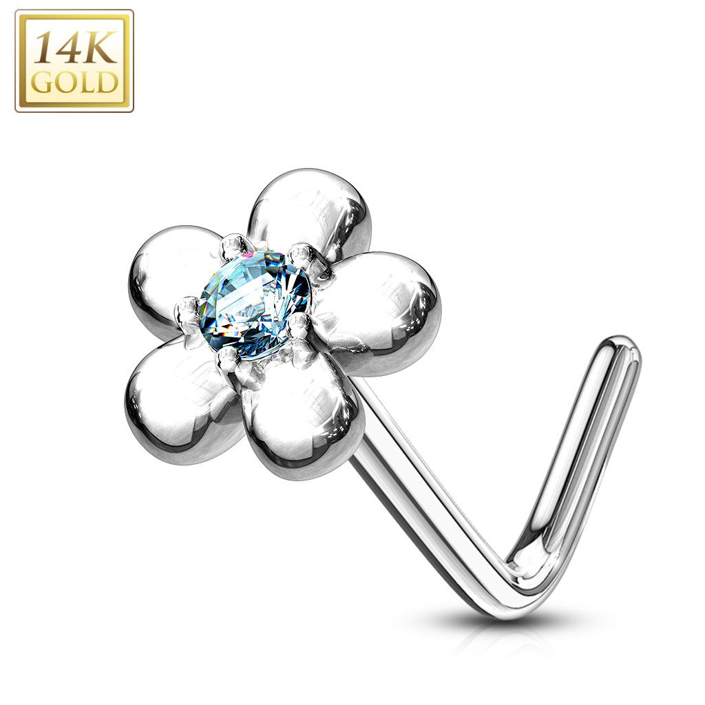 14K Solid Gold 20 Gauge L Bend Nose Ring with Five Petal Flower CZ - photo 7