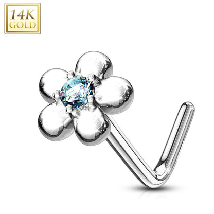 14K Solid Gold 20 Gauge L Bend Nose Ring with Five Petal Flower CZ - photo 7