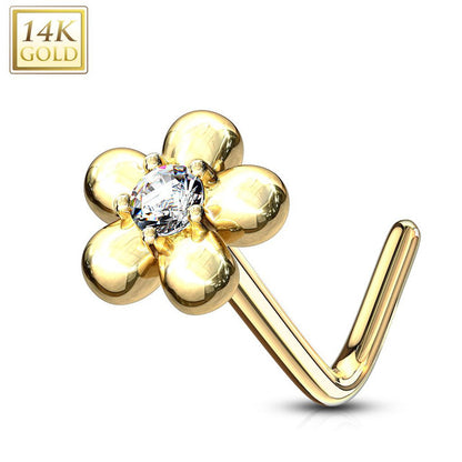 14 Karat Gold Nose Ring Stud 20 Gauge 1/4" L Bend Center Gem Flower