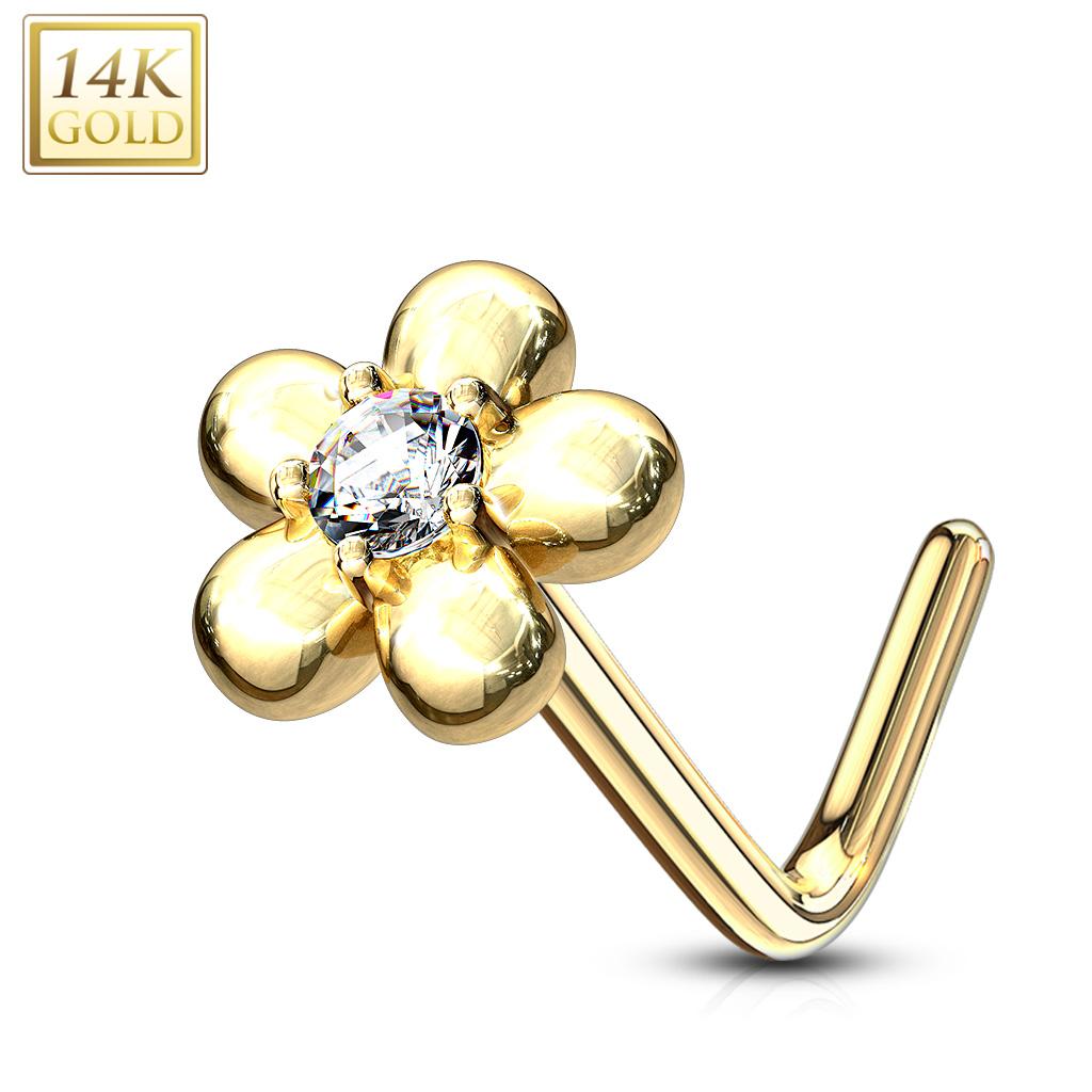 14K Solid Gold 20 Gauge L Bend Nose Ring with Five Petal Flower CZ - photo 8
