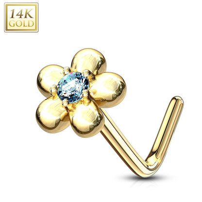 14K Solid Gold 20 Gauge L Bend Nose Ring with Five Petal Flower CZ - photo 9