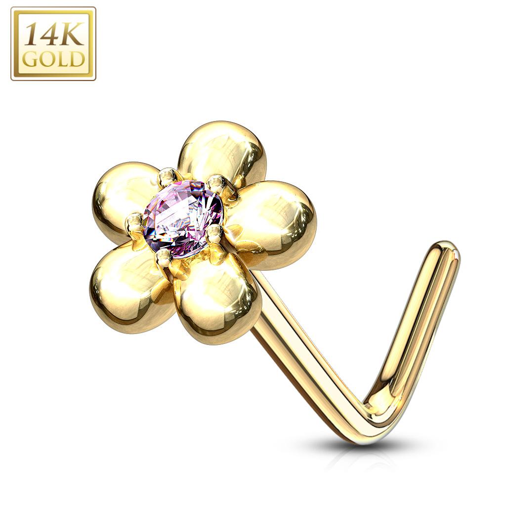 14K Solid Gold 20 Gauge L Bend Nose Ring with Five Petal Flower CZ - photo 10
