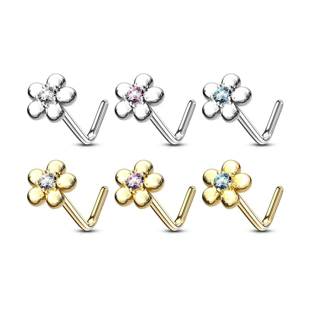 14K Solid Gold 20 Gauge L Bend Nose Ring with Five Petal Flower CZ