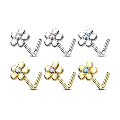 14K Solid Gold 20 Gauge L Bend Nose Ring with Five Petal Flower CZ