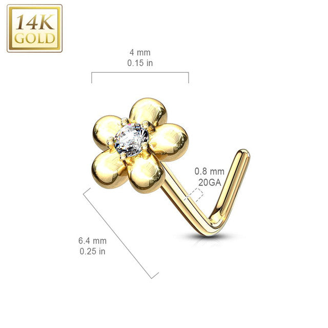 14 Karat Gold Nose Ring Stud 20 Gauge 1/4" L Bend Center Gem Flower