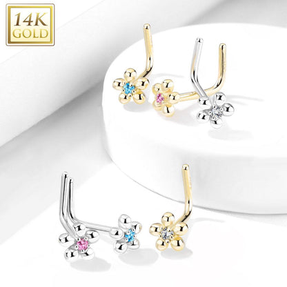 14K Solid Gold 20 Gauge L Bend Nose Ring with Five Petal Flower CZ - photo 3