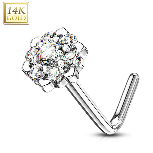 14 Karat White Gold Nose Ring Stud 20 Gauge 1/4" L Bend CZ Gem Flower