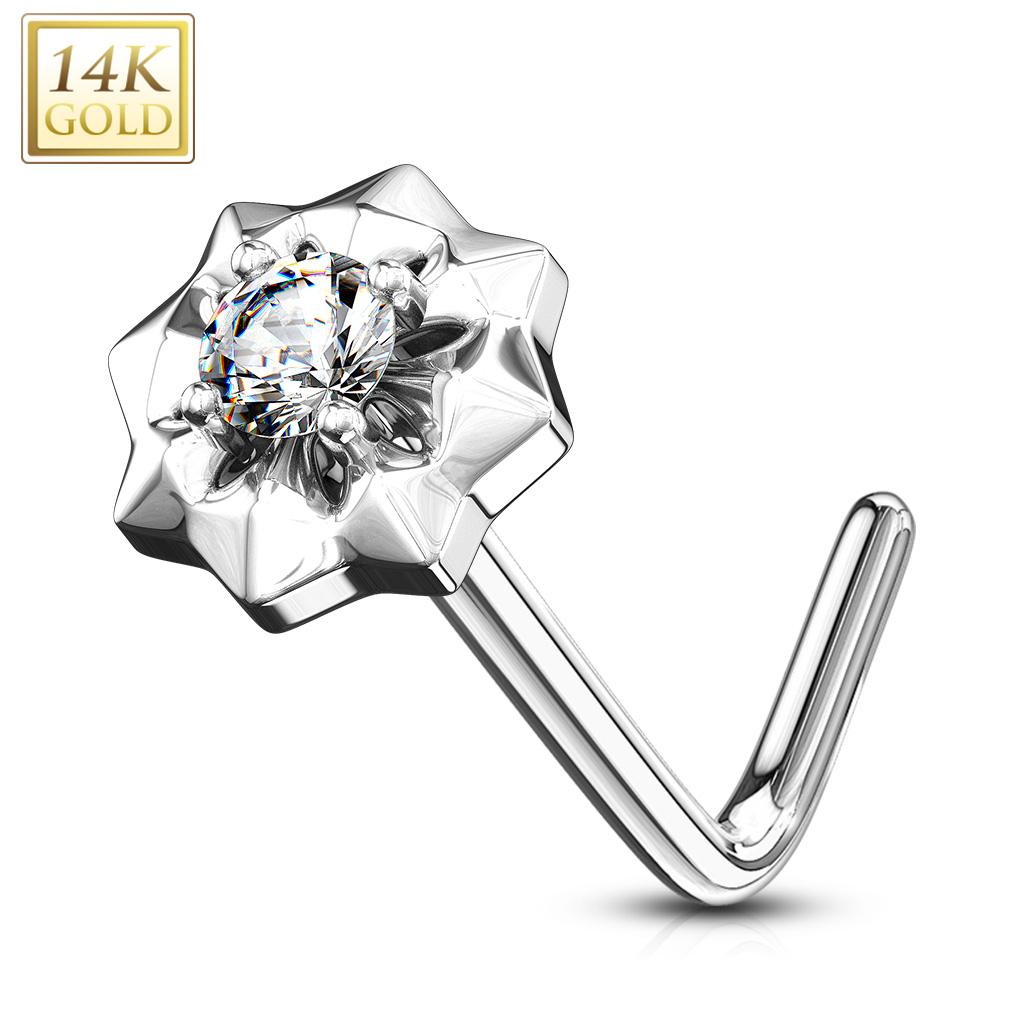 14K Solid Gold 20 Gauge L Bend Nose Ring with Prong Set CZ Starburst - photo 5