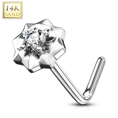 14K Solid Gold 20 Gauge L Bend Nose Ring with Prong Set CZ Starburst - photo 5