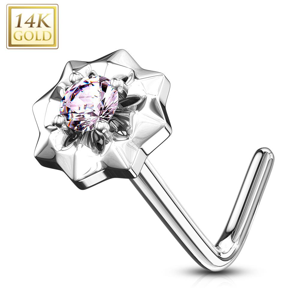 14K Solid Gold 20 Gauge L Bend Nose Ring with Prong Set CZ Starburst - photo 6