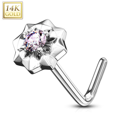 14K Solid Gold 20 Gauge L Bend Nose Ring with Prong Set CZ Starburst - photo 6