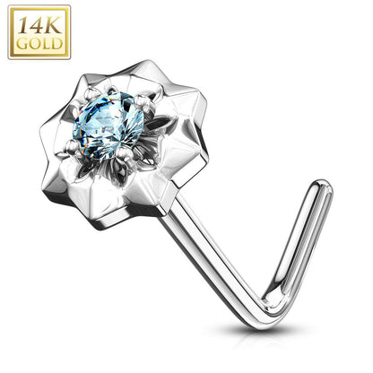 14K Solid Gold 20 Gauge L Bend Nose Ring with Prong Set CZ Starburst - photo 7