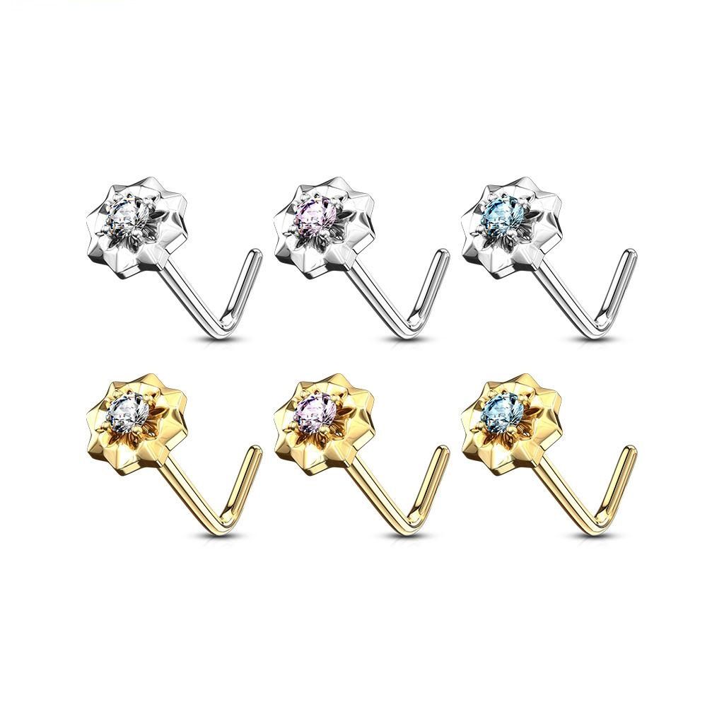 14K Solid Gold 20 Gauge L Bend Nose Ring with Prong Set CZ Starburst