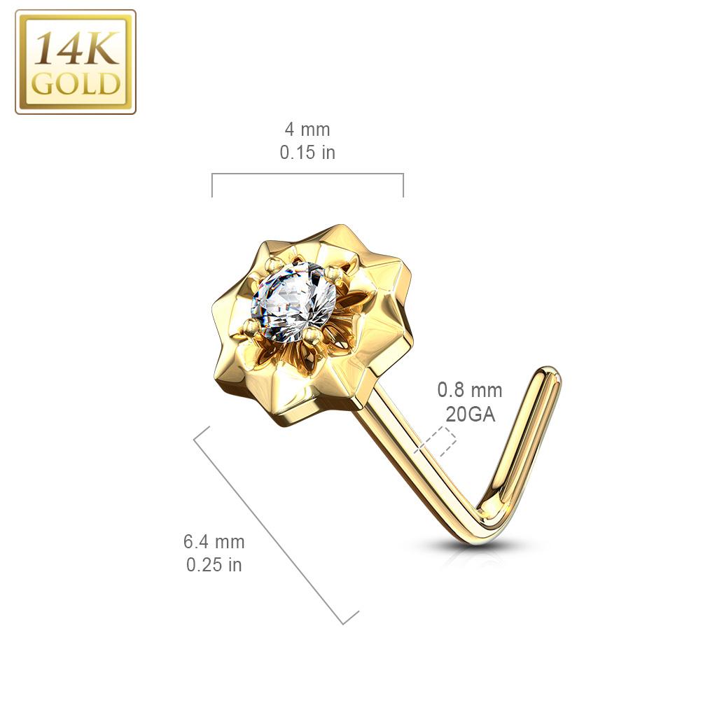 14K Solid Gold 20 Gauge L Bend Nose Ring with Prong Set CZ Starburst - photo 2
