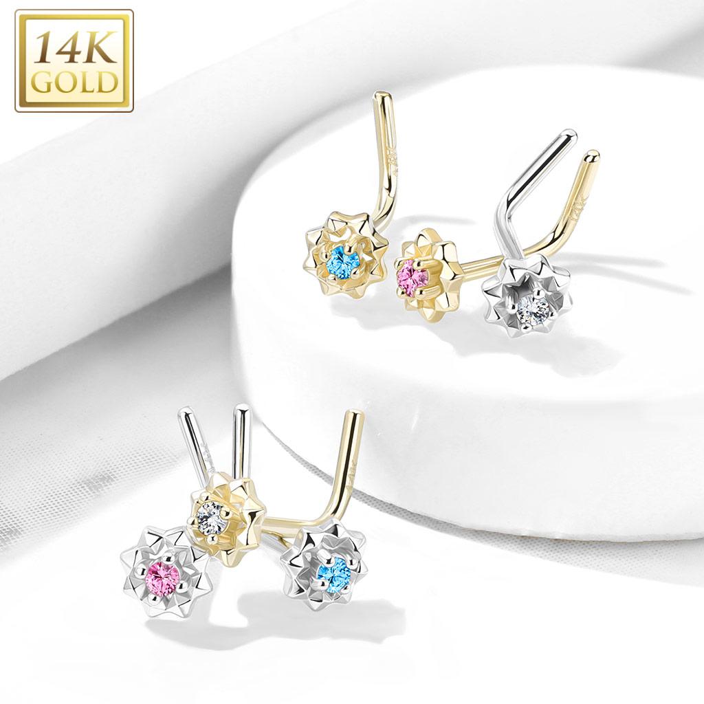 14K Solid Gold 20 Gauge L Bend Nose Ring with Prong Set CZ Starburst - photo 3