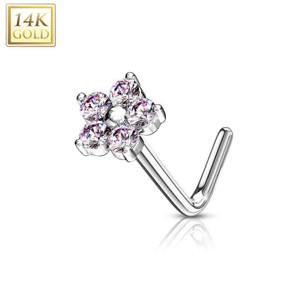 14K Solid Gold 20 Gauge L Bend Nose Stud with CZ Flower Top - photo 7