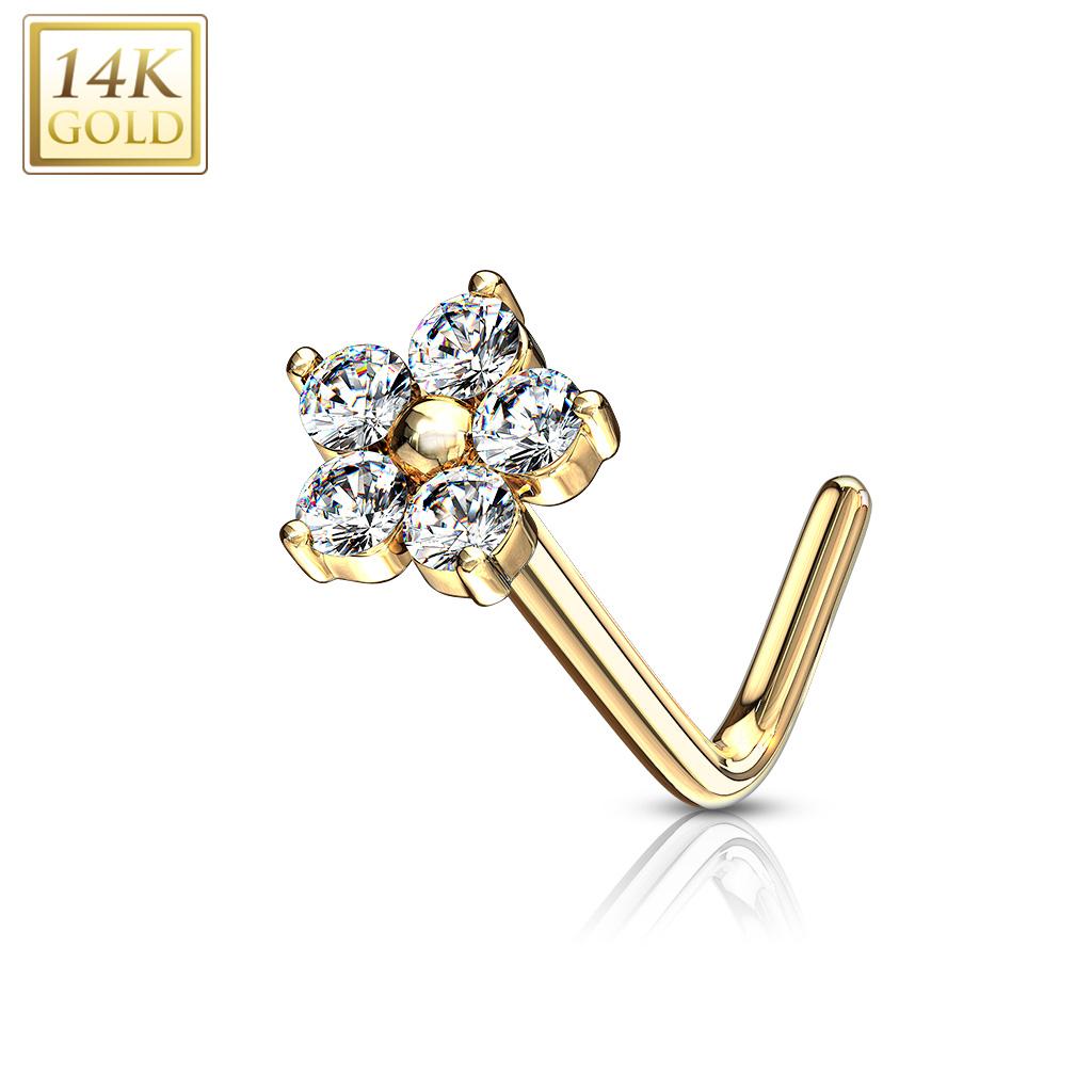 14K Solid Gold 20 Gauge L Bend Nose Stud with CZ Flower Top - photo 8