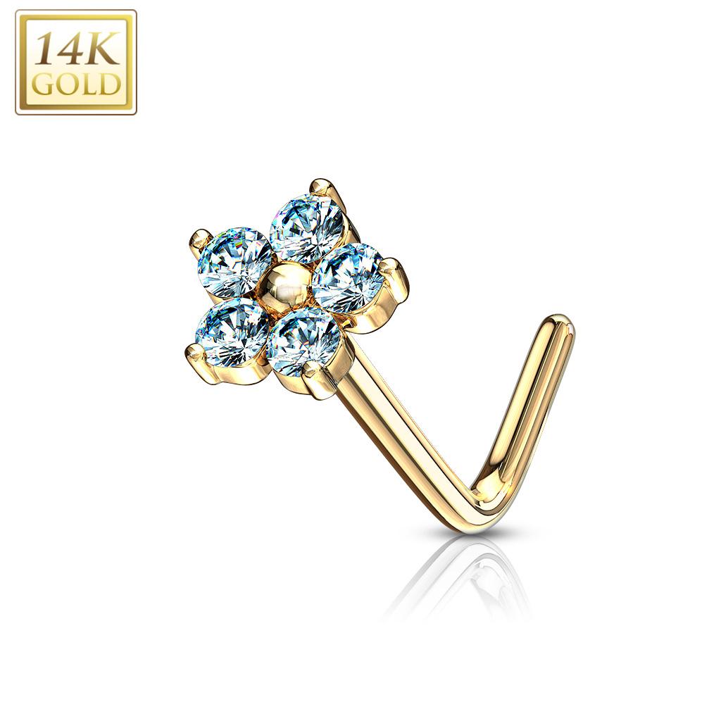 14K Solid Gold 20 Gauge L Bend Nose Stud with CZ Flower Top - photo 10