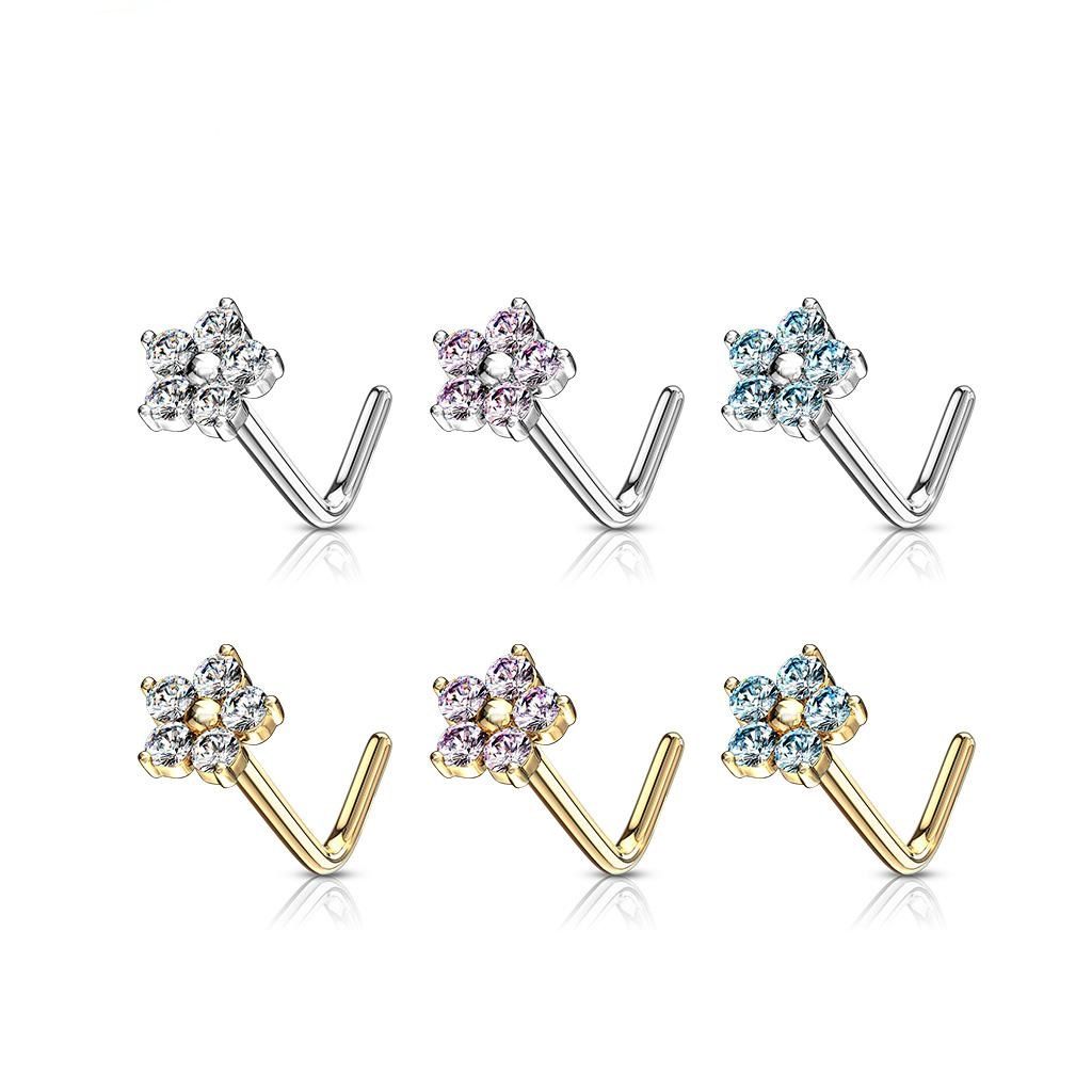 14K Solid Gold 20 Gauge L Bend Nose Stud with CZ Flower Top