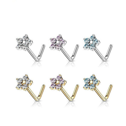 14K Solid Gold 20 Gauge L Bend Nose Stud with CZ Flower Top